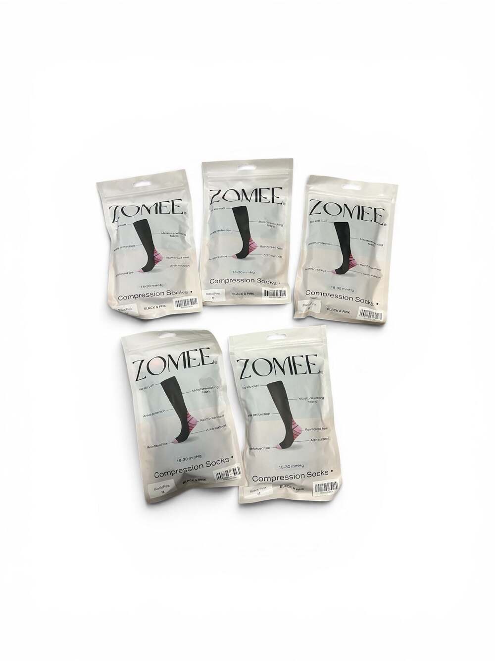 Zomee 18-30 mmHg Compression Socks (Black/Pink, Size M) - 5 Pack